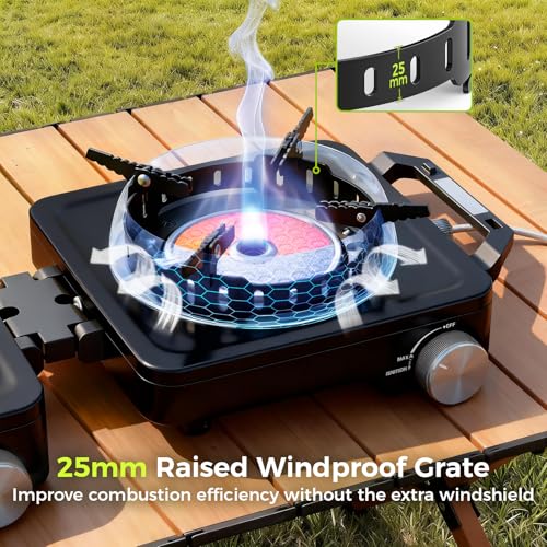 MoKo Propane Camping Stove 2 Burner, 36,000 BTU Infrared & Open Flame Hybrid, Windproof Folding Portable Outdoor Gas Cooking Kit with Frying Pan & Carry Bag For RV, Tailgating, Survival, Black - color: Black