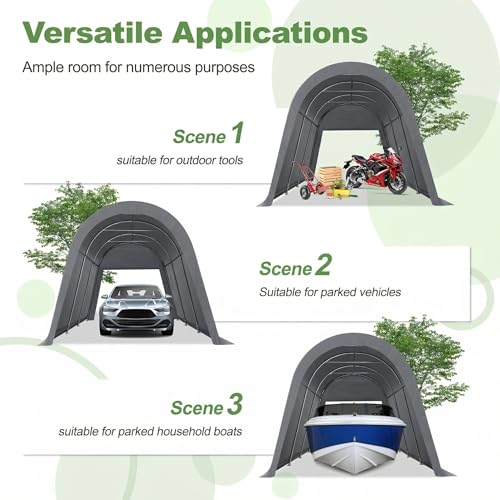 COBIZI 10x15 Carport Canopy Heavy Duty Portable Garage Tent with Double Zippered Roll-up Doors & Vents, Large Space Car Port Car Garage Waterproof Anti-Snow for Cars, Boats, Trucks, Gray - color: Gray, size: 10'x15'