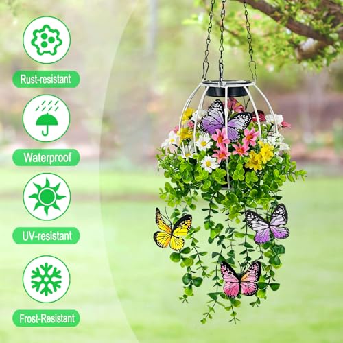 Solar Hanging Lanterns Outdoor Decor,Colorful Lights with Artificial Butterfly & Flowers Danglers for Porch,Yard,Patio,Spring Garden Decorations