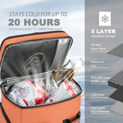 BAGPARKK Insulated Cooler Backpack,33/45 Cans Multifunctional Double Deck Leakproof Cooler Bag with Sternum Strap,Large Capacity Lightweight Travel Camping Beach Backpack - color: Orange, size: 33Can