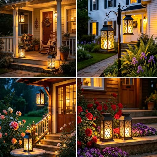 Solar Lanterns Outdoor Waterproof, Flickering Candles Hanging Solar Lights for Outside Garden Patio Wall Porch Decorative, Lamp with Upgraded Solar Panel, Tempered Glass & Clip, Black 2 Pack - style: Black*2, 4.2*4.2*8.7in