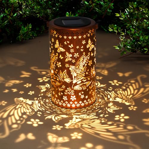 DIBIEECN Mothers Day Gifts for Mom, Birthday Gifts Grandma Ladies Solar Lanterns Outdoor Hanging Hollowed-Out Metal Waterproof LED Garden Decor Outside for Patio Yard Porch, Fairy, 1 Pack - style: Fairy