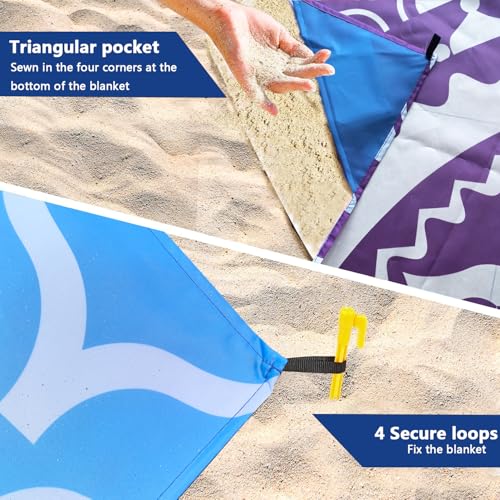 Beach Blanket Waterproof Sandproof Oversized 95”x 80”,Sand Free Beach Mat with Corner Pockets,Portable Mesh Bag for Beach Festival,Picnic,Travel and Outdoor Camping (Gradient Semicircle)