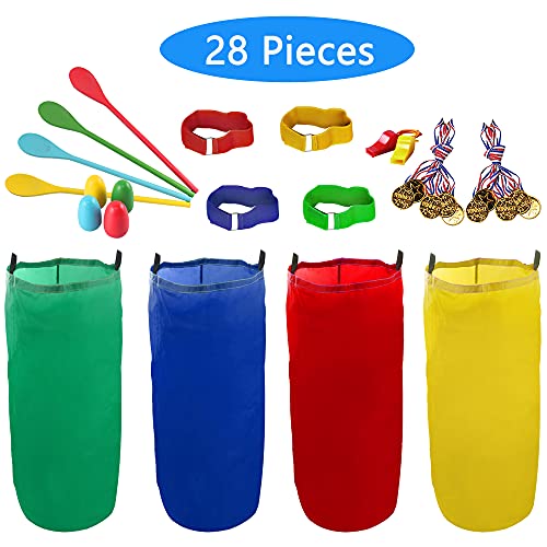 28PCS Potato Sack Race Bags, Egg and Spoon Race,Carnival Games 3-Legged Relay Race Bands, Outdoor Games for Kids and Adults (with Game Prizes & Whistles), Outside Yard Lawn Birthday Party Games