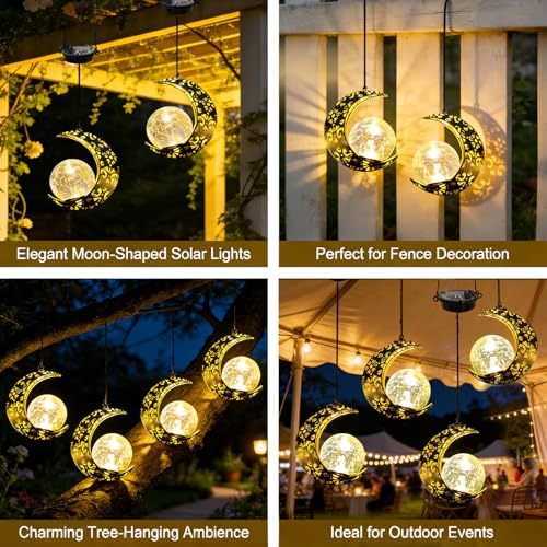 Hanging Solar Lights Outdoor Lanterns Garden Decorations, 2 Pack Moon Lights with Cracked Glass Globes Outside Decor for Backyard Balcony Patio Tree ,Unique Mother's Day Gifts for Women Mom