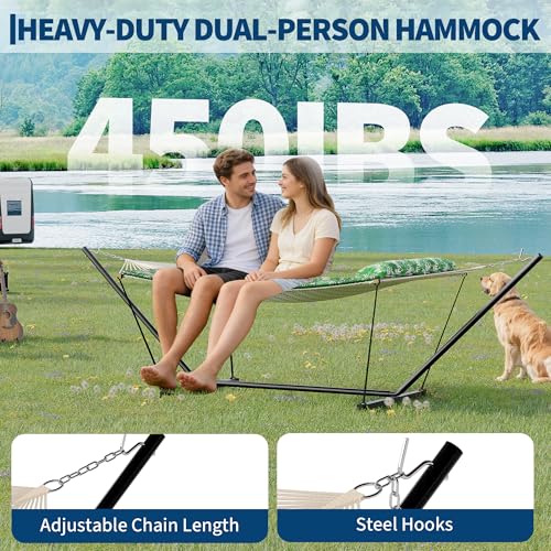 Garvee 2 Person Portable Double Hammock for Outdoor with Pillow, Heavy Duty Portable Hammock with Adjustable Steel Stand for Patio, Garden, Beach, Backyard - color: Green Banana Leaf Color, size: T-shaped Bracket