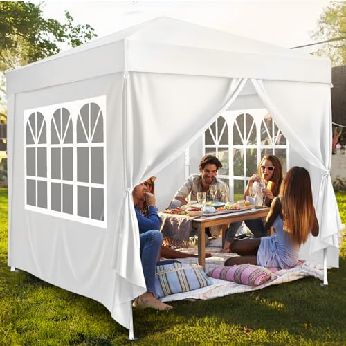 10x10ft Pop Up Canopy Tent, Portable Instant Tent with 4 Sidewalls, Waterproof Sun Shelter for Outdoor Parties, Beach, Easy Setup with 2 Doors & 2 Windows (White)