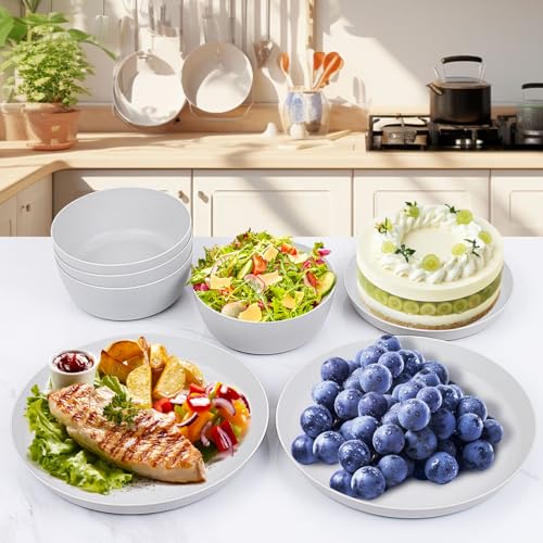 EI 12pcs Wheat Straw Dinnerware Set of 4,Plastic Plates Reuasble Unbreakable,Plastic Plates and Bowls Sets for Camping,Picninc,Family Dinner - color: Grey Wheat Straw Plates and Bowls