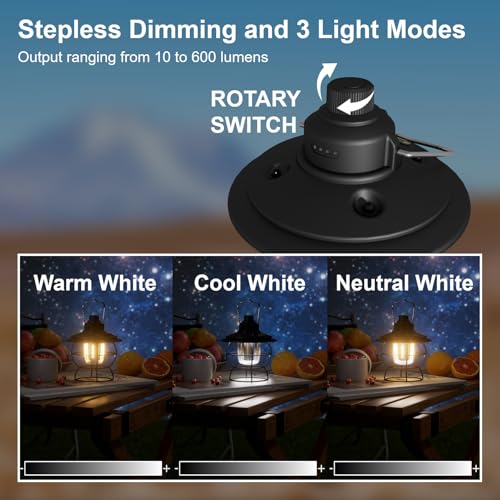 LED Camping Lantern Rechargeable Dimmable, Portable Vintage Outdoor Lantern 2700-6500K Waterproof, Hanging Retro Lamp Indoor Outdoor for Garden, Hiking, Emergency, Black - size: Black