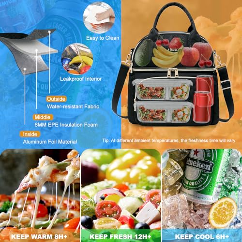 AIJIEKE Large Insulated Lunch Bag for Women, Double Compartment Leakproof Lunch Box for Work Office, Reusable Cooler Tote with Adjustable Strap & Side Pockets for Adults Picnic Beach, Black - color: Black