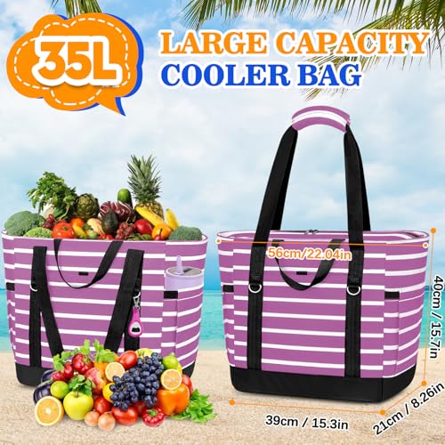 HUANLANG Soft Cooler Bag Insulated for Travel,Large Insulated Grocery Bags with Zippered Top,PEVA Collapsible Food Delivery Cooler Bag for Beach, Travel, Picnics - color: Purple and white stripes