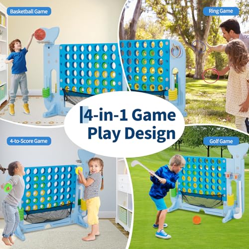 Giant 4 in a Row Game Set, Whale Design 4-in-1 Jumbo Yard Games with Basketball Hoop & Mini Golf, Ring Toss, 4 Adjustable Heights Connect Board with Catch Net for Kids Adults Outdoor Play