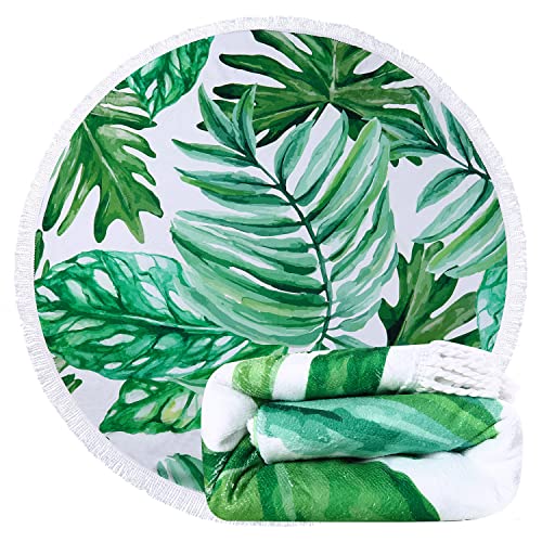 Benefeet Sox Beach Towel Large Round Mandala Pool Towels Tassels Microfiber Quick Dry Beach Blanket Throw Bohemian Roundie Swim Pool Circle Towel, 59 Inches - color: Tropical Palm Leaves