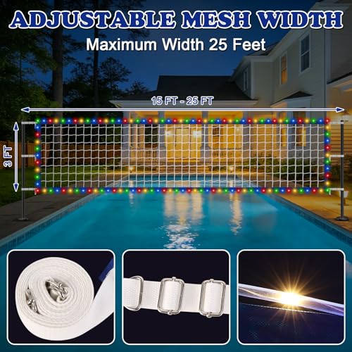 Upgraded Pool Volleyball Net, 15x3FT Pool Volleyball Net for Inground Pool Games for Adults and Family 2026 Summer Pool Floaties Party Gift - color: White Blue with Lights