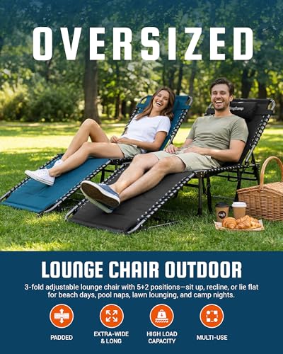 KingCamp Oversized Tanning Chair, Extra-Wide Padded Folding Chase Lounge Chairs Portable Adjustable 5-Position 440lbs Heavy Duty Lounger with Double-Layer Oxford for Outdoor Beach Patio Sun Pool Black - color: Pro-black-1 Pack