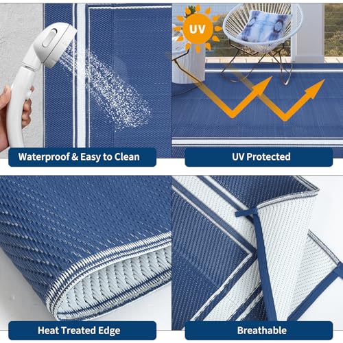 GarveeHome Outdoor Rug 9x18 Waterproof Reversible Mat Palm Leaves Camping Rugs Indoor Outdoor Rugs Carpet Large Area Rug Plastic Straw Rug for Patio Deck Balcony Pool RV Camping, Navy and White - color: Border|navy, size: 9' x 18' (Rectangular)