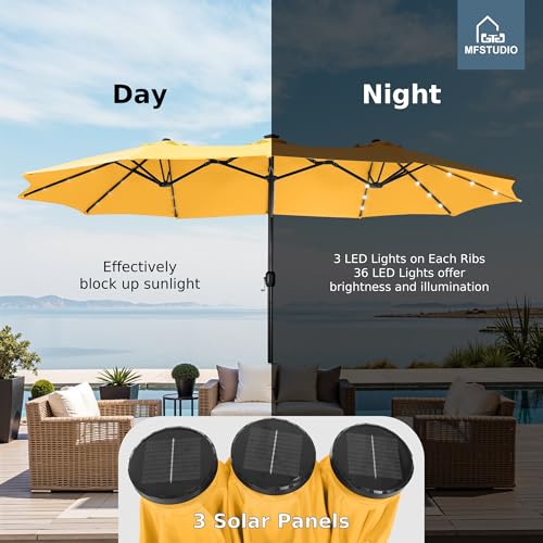 MFSTUDIO 15ft Double Sided Patio Umbrella with Solar Lights, Outdoor Large Umbrellas with Crank Handle and 36 LED Lights, Rectangular Market Umbrella with Base Included for Deck Pool, Gold Yellow - color: Gold Yellow