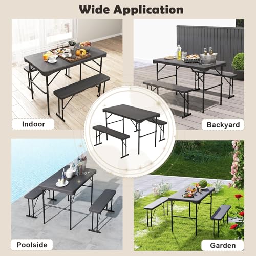 Giantex Folding Picnic Table Bench Set, Rectangular Patio Dining Table Set for 4, with HDPE Tabletop, Metal Frame, Space-Saving and Portable for Camping Party Dining BBQ (Black)