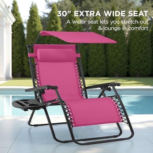 Best Choice Products 30” Wide Folding Zero Gravity Outdoor Recliner Patio Lounge Chair w/Adjustable Canopy Shade, Headrest, Side Accessory Tray - Hot Pink/Black - color: Hot Pink/Black, size: Oversized Extra Wide