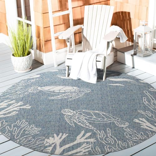LR Home 5ft Round Indoor/Outdoor Area Rug | Turkish Carpet for Patio, Deck, Backyard, Garden, Front Porch, Picnic and Balcony | Graphic Farmhouse Boho Coastal, Beach, Coral Reef Themed Rug| Aqua/White - color: Aqua/White, size: 7'6" (Round)