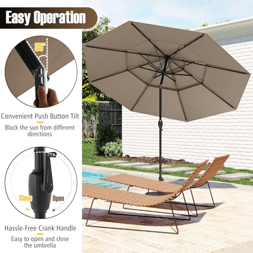 Tangkula 10 FT Solar LED Patio Umbrella, 3-Tier Vented Outdoor Market Table Umbrella with 32 LED Lights, Tilt Adjustment, Crank Handle, 8 Ribs for Backyard Pool Deck (Tan) - color: Tan