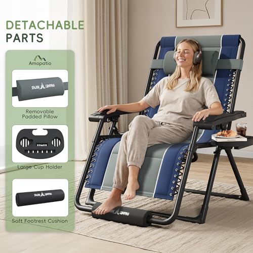 Amopatio Zero Gravity Reclining Patio Chair XXL Foldable Lounge Chair with Removable Cup Holder/Headrest/Footrest 500LBS Capacity Portable for Outdoor Patio Pool Backyard,Blue-Gray - color: Blue-gray, style: 33in-1pc