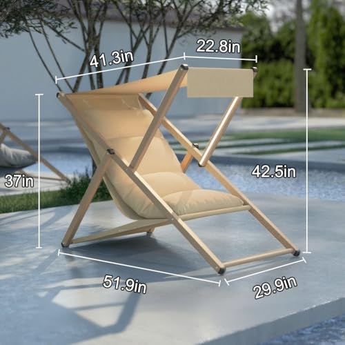 Beach Lounge Chair with Canopy, Folding Reclining Outdoor Chaise Lounger, Beach Chair Pool Sunbathing Lawn Lounger for All Weather, No Assembly Required (Khaki)
