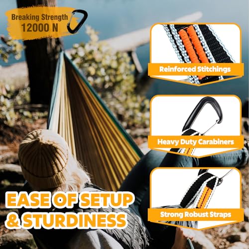NATUREFUN Ultra-Light Travel Camping Hammock | 300kg Load Capacity,Breathable,Quick-Drying | 2 x Premium Carabiners,2 x Nylon Slings Included | Outdoor Indoor Garden - color: Camel/Olive Green, size: 300x200cm