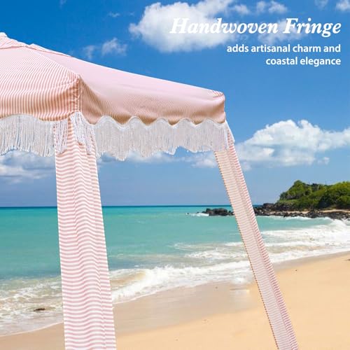 AMMSUN Beach Cabana with Fringe, 7' x 7' Boho Beach Canopy with Tassels, Easy Set up & Premium Wood Pole, Cabana Tent with Sand Pockets, Instant Sun Shade for Sand, Garden, Patio, Pink Stripes - color: Pink Stripes