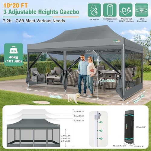 COBIZI 10x20 Canopy Tent, Heavy Duty Pop up Canopy with Sidewalls, Waterproof Easy Setup Canopy with Mosquito Netting, Outdoor Instant Screen Tents for Parties, Wedding with Roller Bag, Gray - color: Gray, size: 10x20FT
