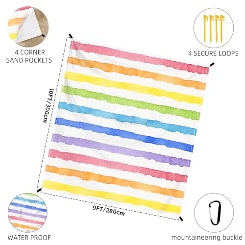 Beach Blanket Waterproof Sandproof Oversized Extra 110" * 118"/ 9 * 10 Ft Sand Free Beach Mat with Stakes, Storage Bag - Essentials for Outdoor Beach, Picnic,Quick Drying Durable - color: Vintage Stripes, size: 9x10 FT (1～8 Person)
