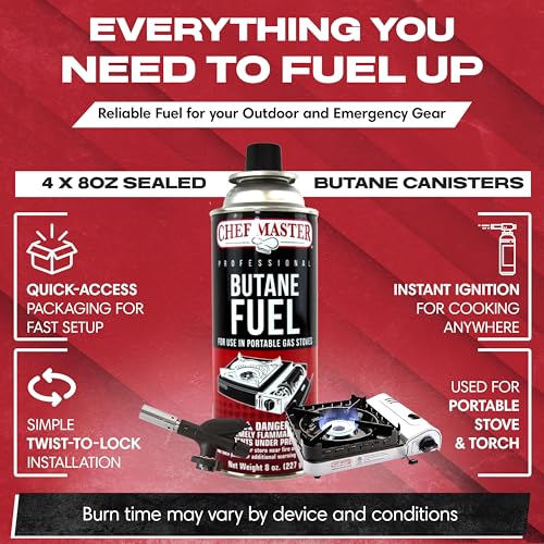 Chef Master 4x 8oz Butane Fuel Canister - Butane Refill for Kitchen Torch & Camp Stove - Gas Canister for Picnics, Outdoor Cooking, Grilling - Camping Stove, Torch Fuel Camping Essentials - 90340 - size: Pack of 4