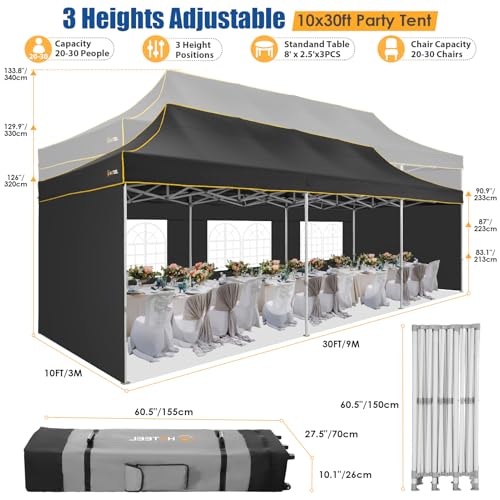 HOTEEL 10x30 Pop up Canopy Tent for Parties, Heavy Duty Easy Setup Tent with 5 Sidewalls, Outdoor Commercial Instant Gazebo for Wedding Event, with Roller Bag & Sand Bags, Black(Hexagonal Frame) - color: Black, size: 10x30FT (+5 Walls)