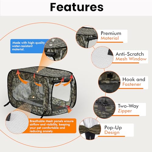 Beatrice Home Fashions Portable, Collapsible, Pop Up Kennel Travel Cat and Dog Crate, 36" L x 22" W x 22" H, Camo Green - color: Camo Green, size: 36.0"L x 22.0"W x 22.0"H