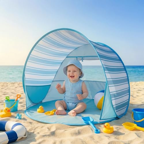 Pop Up Baby Beach Tent - Baby Tent for Beach Essentials with UPF 50+ UV Protection, Portable Sun Shade Canopy Summer Outdoor for Infants (Blue Stripes) - color: Blue Stripes