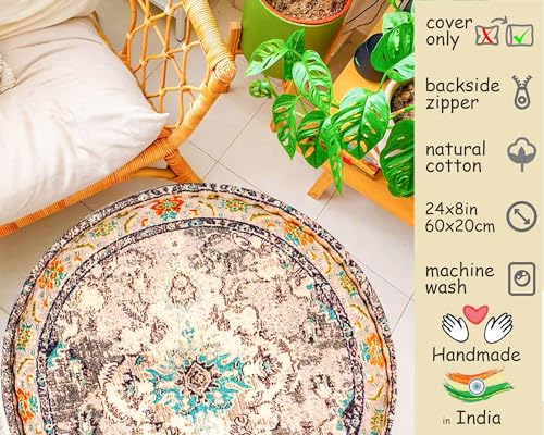 Mandala Life ART Bohemian Floor Cushion Cover Gray Round Meditation Pillow Case Boho Chic Pouf Ottoman Perfect Vintage Cushion for Living Room, Bedroom, Nursary or Children Room Cotton 24x8 Unstuffed - color: Grey
