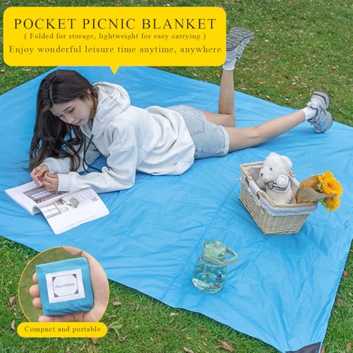 LumiSyne Mini Pocket Picnic Blanket with 4 Fixed Stakes Foldable Portable Picnic Mat Rug Lightweight Waterproof Beach Blanket Multifunctional Thin Ground Sheet for Camping Hiking Travel - color: Blue, size: 200 x 210 cm