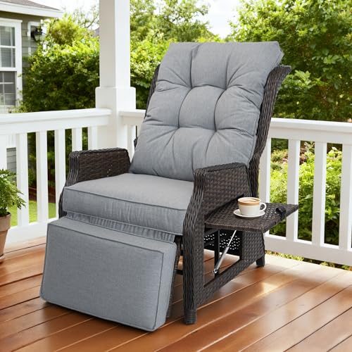 Outdoor Indoor Wicker Recliner with Adjustable Back and Footrest, Patio Reclining Chair with Flip-up Table, Outdoor Rattan Lounge Chair, Light Grey - color: Light Grey, size: 1PCS