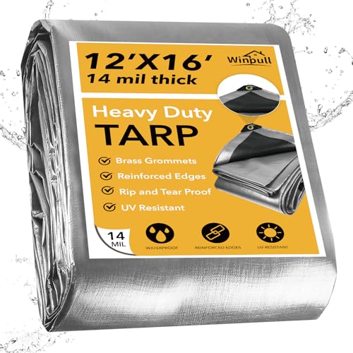 Winpull Tarp 12x16 Feet 14 Mil Heavy Duty Waterproof Tarp, Large Multipurpose Cover with Brass Grommets and Reinforced Edges, UV Resistant Thick Poly Tarps for Outdoor Camping Tent Pool Car - color: Silver/Black-14mil, size: 12' x 16'