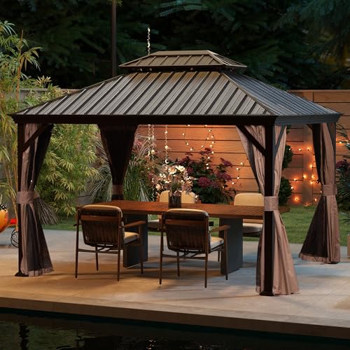 Domi 11' X 13' Hardtop Gazebo, Upgraded Metal Gazebo with Drainage System, Dual-Layer Galvanized Steel Roof, Curtain and Netting, Outdoor Shelter Canopy for Patio, Garden, and Backyard, Brown - color: Brown, size: 11'x13'/w gutter