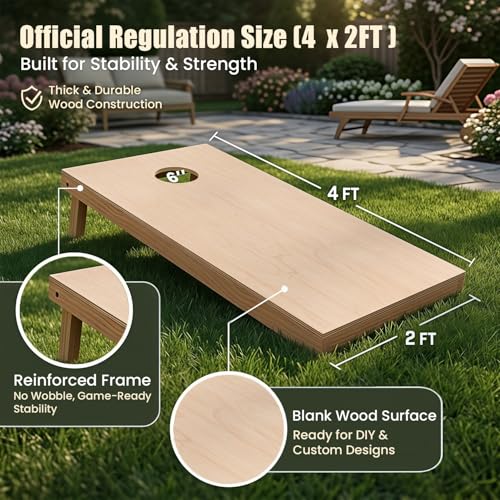 Solid Cornhole Boards Set 4x2FT Regulation Size, Solid Wood Outdoor Corn Hole Game for Adults & Family, Waterproof All Weather with 8 Bean Bags & Carry Bag for Backyard Tailgate Beach Oak/Vintage/DIY