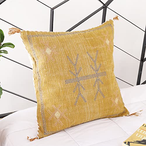 Labhanshi Mustard Color Cactus Silk Pillow, Rustic Throw Pillow, Embroidered Cushion Cover, Linen Cushion, Handmade Sabra Moroccan Decor Pillow 20x20