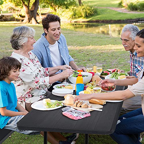 Giantex Folding Picnic Table Bench Set, Outdoor Dining Table Set, Large Camping Table for Patio Deck Lawn Garden Backyard Poolside, Portable Picnic Tables, Weather Resistant Metal Frame, Black - color: Black
