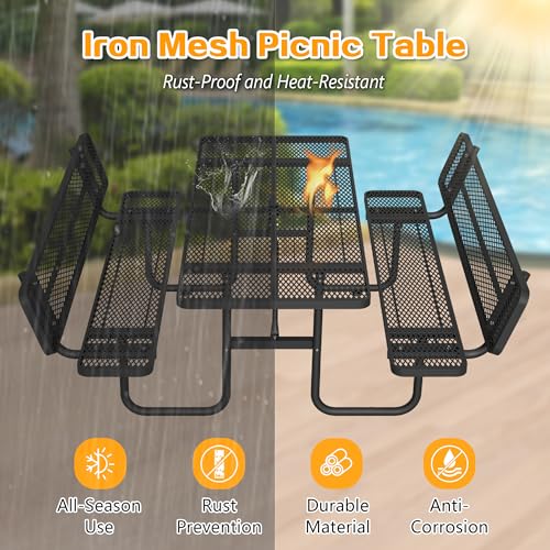 72" Rectangular Metal Picnic Tables for Outdoors with Backrest Seats Umbrella Hole - Coated Steel Heavy Duty Commercial Grade Table, Patio Rectangular Furniture Set for a Lifetime, Black - color: Black-backrest