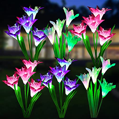 WdtPro Solar Lights Outdoor Garden Decorative 6 Pack, Waterproof Solar Garden Lights with 24 Lily Flowers, Color Changing LED Solar Powered Landscape Lights for Outside Yard Patio Decor,Gifts - size: 6