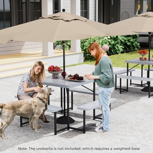 Byroce Outdoor Picnic Table for 4-8 Person, HDPE Picnic Camping Table Set with 4 Benches, Umbrella Hole & Metal Frame, Heavy Duty Square Dining Table Chairs for BBQ in Patio, Yard & Poolside (Gray) - color: Grey