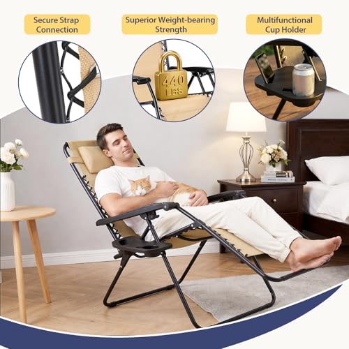 Sweetcrispy Zero Gravity Chairs, Set of 2 Portable Recliner Beach Camping Patio Outdoor Folding Lounge Chair with Cup Holder Trays and Adjustable Pillow for Poolside, Garden, Backyard, Lawn (Khaki) - color: Khaki