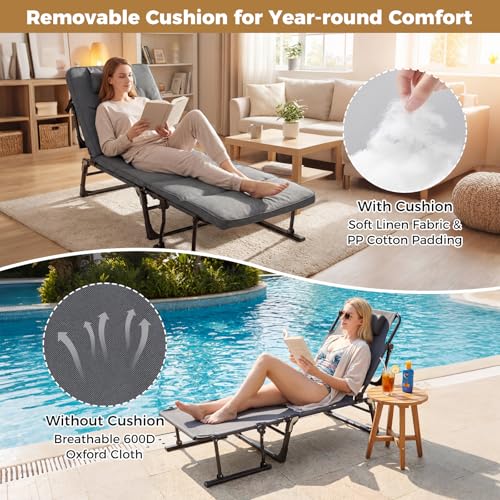 Tangkula Lounge Chair Outdoor with Cushion, 3 in 1 Convertible Outdoor Indoor Heavy Duty Folding Chaise Lounge Chair with 6-Position Adjustable Backrest & Flip-up Pillow (1,Gray)