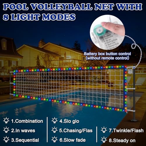 Upgraded Pool Volleyball Net, 15x3FT Pool Volleyball Net for Inground Pool Games for Adults and Family 2026 Summer Pool Floaties Party Gift - color: White Blue with Lights