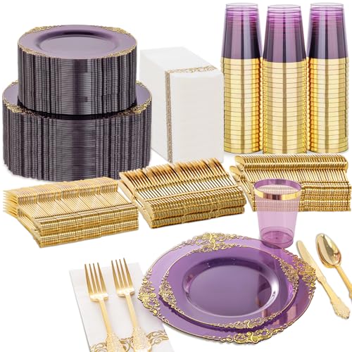 Nervure 350PCS Purple Plastic Plates - Purple Plastic Dinnerware Sets for 50 Guests - 100 Disposable Plates, 150 Gold Silverware, 50 Cups, 50 Napkins for Wedding & Party - color: Purple